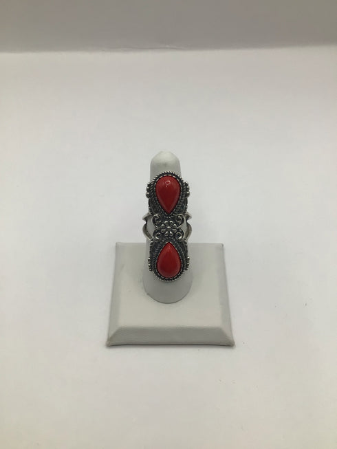 American West Silver Double Teardrop Jasper Ring sz 7.25