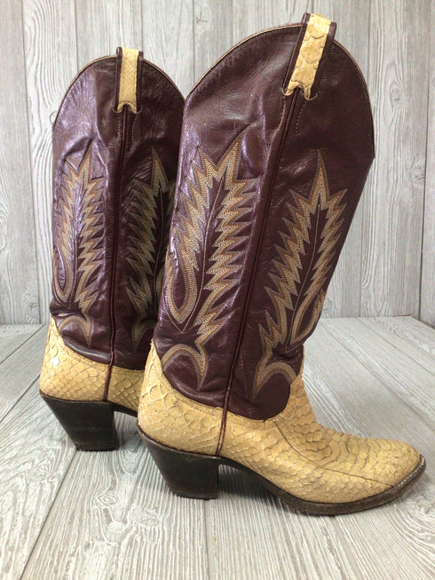 Larry Mahan Leather + Exotic Python Cowboy Boots Vintage Women's Size 8