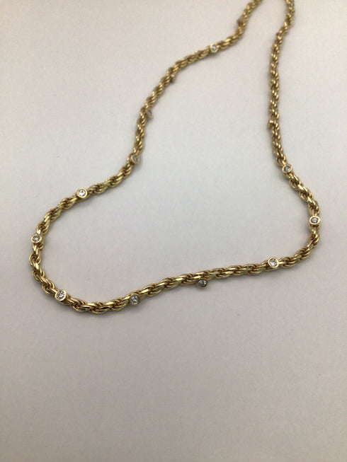 14k Gold + Diamond Rope Necklace 14" Estate Pre-owned
