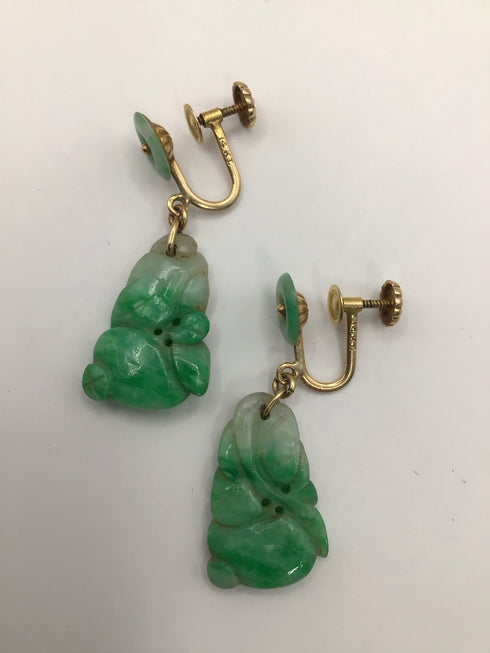 Carved Jade 14k Gold Earrings clip-on