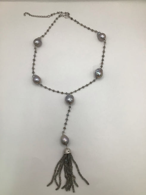Baroque Black Pearl Station Y Necklace