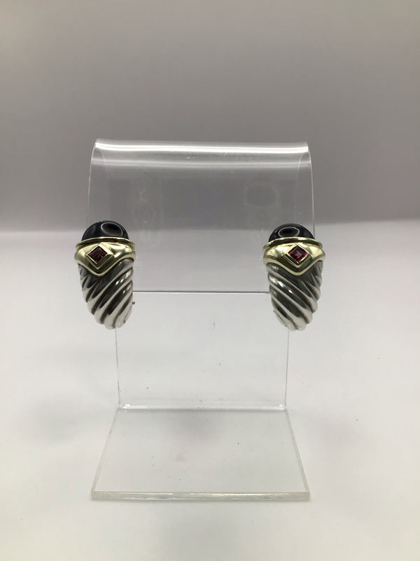 David Yurman Silver Onyx Tourmaline Shrimp Cable Earrings Vintage Estate