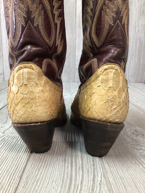 Larry Mahan Leather + Exotic Python Cowboy Boots Vintage Women's Size 8