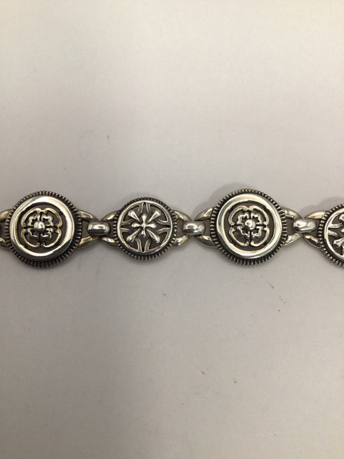 Silver Round flower medallion link Bracelet Vintage