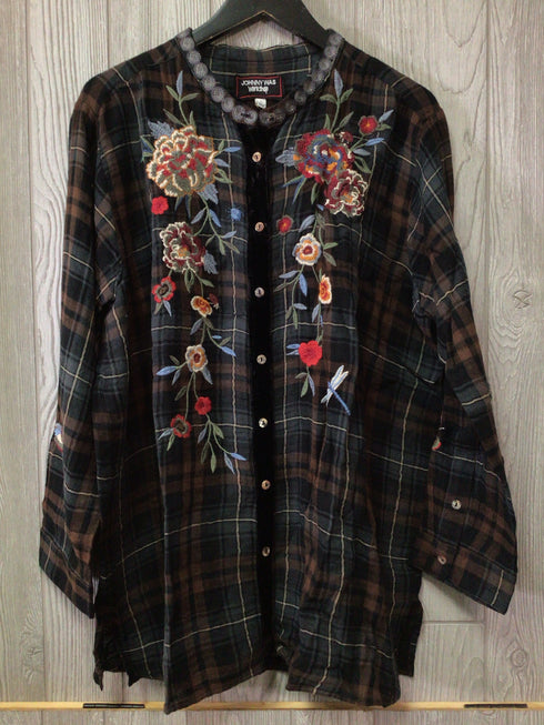 Johnny Was Krysha Velvet Placket Mandarin Shirt Size Large New