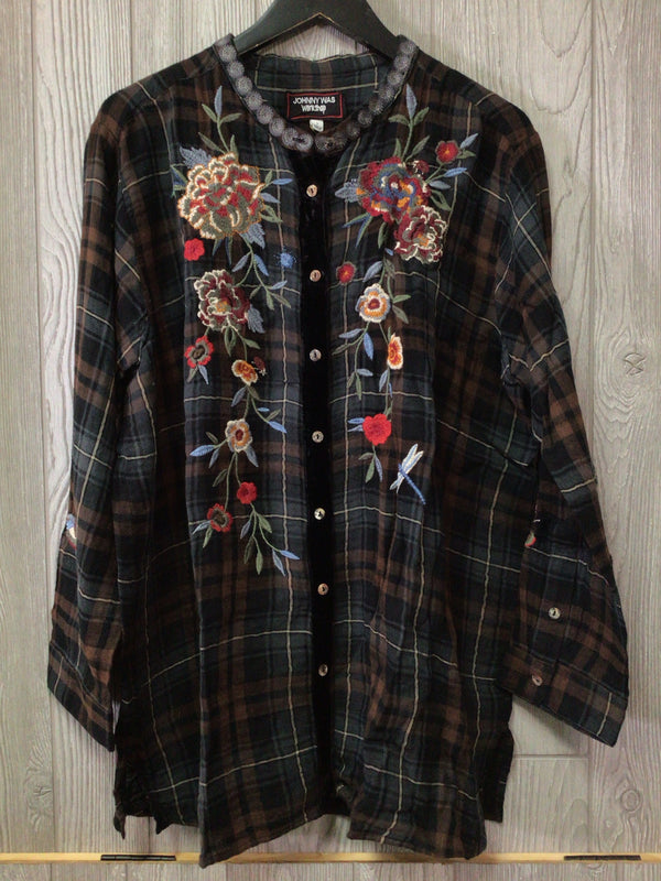 Johnny Was Krysha Velvet Placket Mandarin Shirt Size Large New