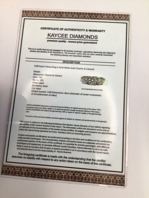 Charles & Colvard 3 ktw Moissanite 3-stone Ring 14k White gold sz 8.5