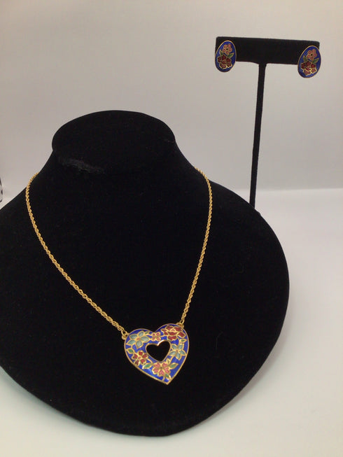 Vintage Cloisonne Heart Shape SET Necklace and Earrings