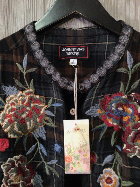 Johnny Was Krysha Velvet Placket Mandarin Shirt Size Large New