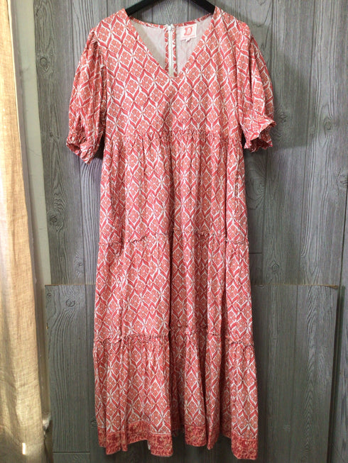 Victoria Dunn Block Print Tiered Maxi Dress Size Large