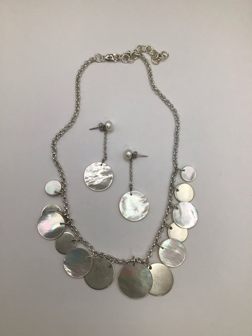Mother Of Pearl and Silver Disk SET Necklace and Earrings