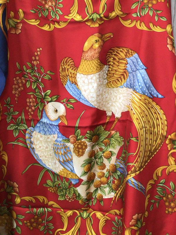 Ferragamo Bird & floral Motif Silk Twill Scarf 34" Red + Blue & Gold pre-owned