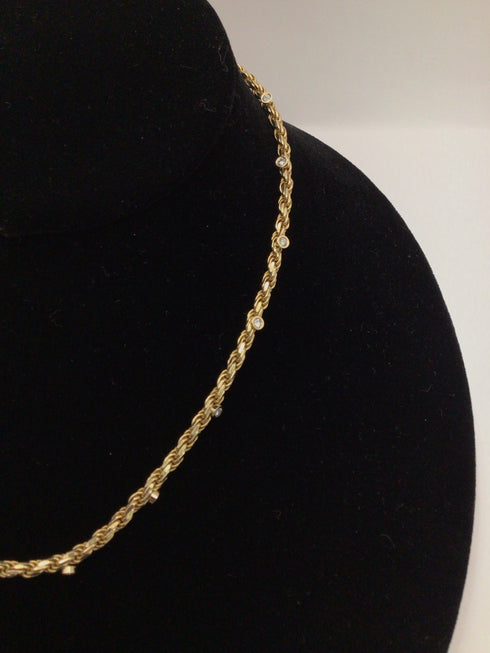 14k Gold + Diamond Rope Necklace 14" Estate Pre-owned