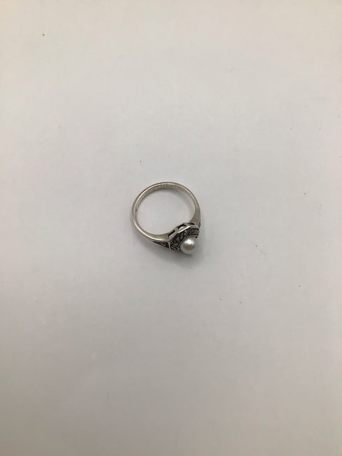 Silver Pearl + marcasite Ring sz 7.25