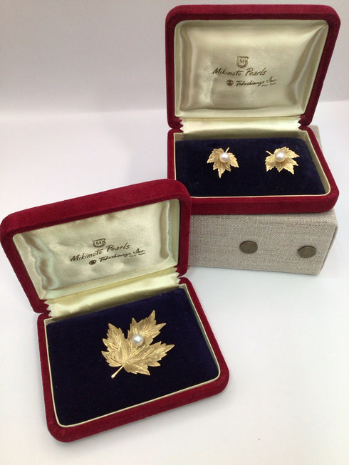 Mikimoto Brooch Earring set 14k Gold 6mm Akoya Pearl Estate