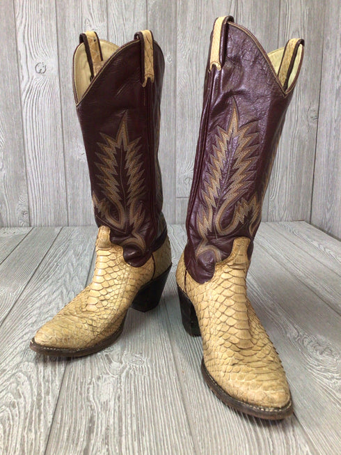 Larry Mahan Leather + Exotic Python Cowboy Boots Vintage Women's Size 8