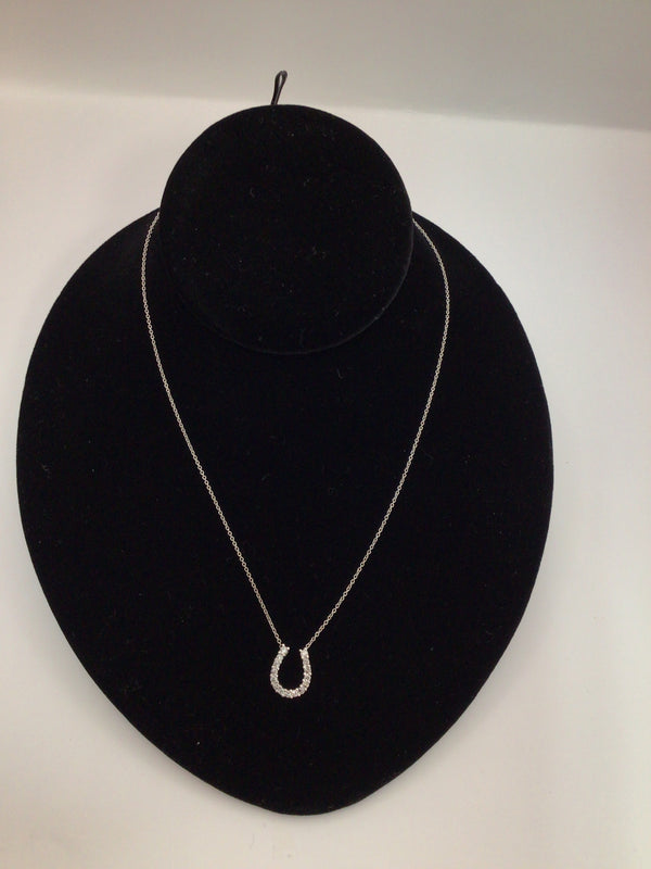 14k White Gold Diamond Horseshoe Pendant Necklace