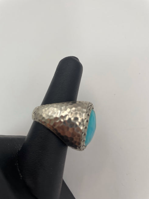 John Hardy Pauli Silver + Turquoise Hammered Signet Ring