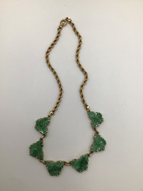 Carved Jade Butterfly Statement Necklace 14k Gold rope Vintage