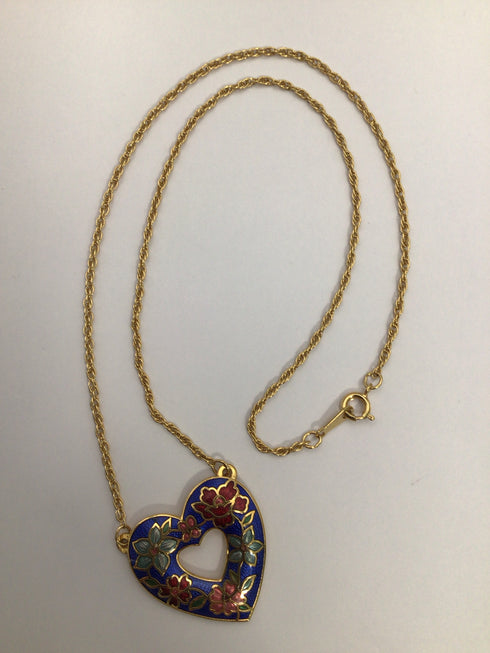 Vintage Cloisonne Heart Shape SET Necklace and Earrings
