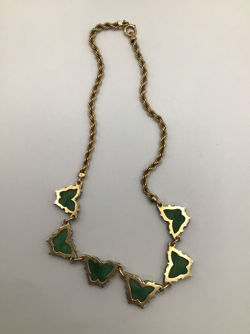 Carved Jade Butterfly Statement Necklace 14k Gold rope Vintage