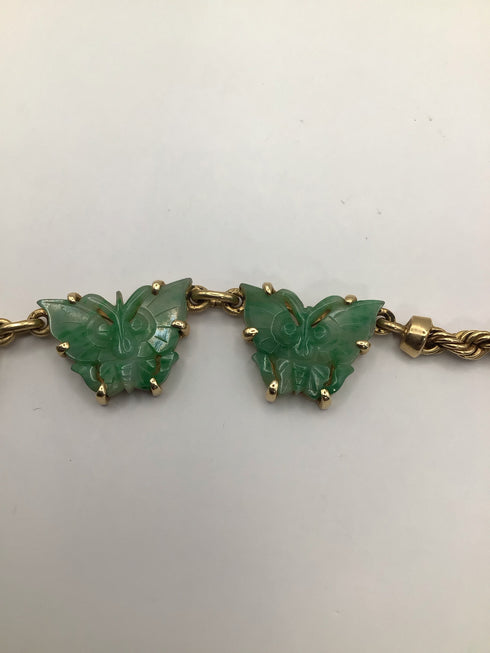Carved Jade Butterfly Statement Necklace 14k Gold rope Vintage