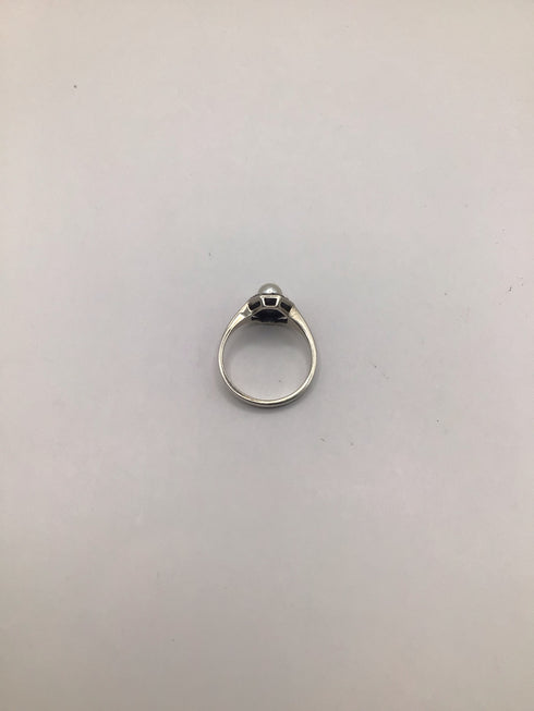 Silver Pearl + marcasite Ring sz 7.25