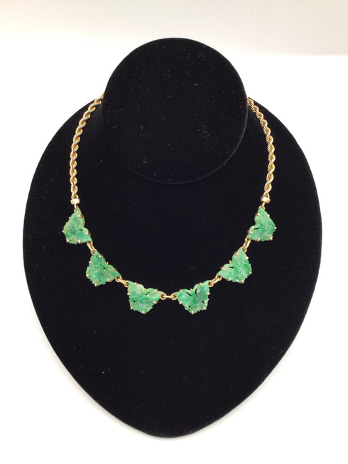 Carved Jade Butterfly Statement Necklace 14k Gold rope Vintage