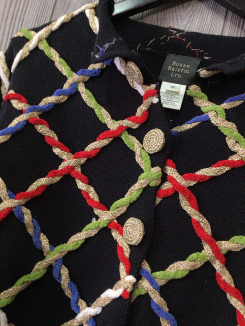 Susan Bristol Vintage Rope Lattice Embellished Cardigan Size Medium