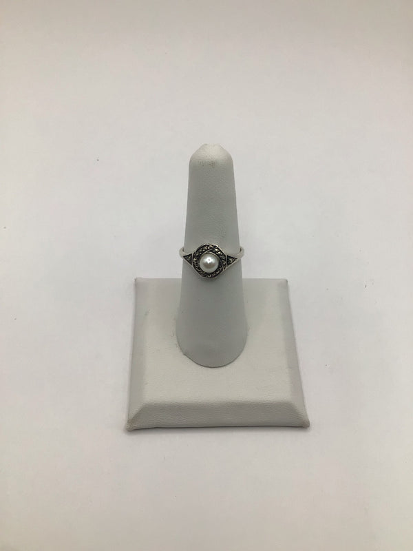 Silver Pearl + marcasite Ring sz 7.25